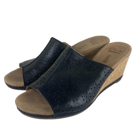Clarks Collection Womens sz 10 Black Leather Wedge Heel Slip On Comfort Sandals - Picture 1 of 7